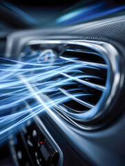 Close-up of a modern car air vent with dynamic blue airflow visualization illustrating efficient climate control and ventilation inside the vehicle cabin