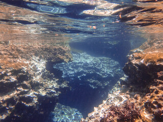 Ocean blue underwater with sunrays, Underwater Sea Deep Water Abstract Sunshine, sea wave , clean...