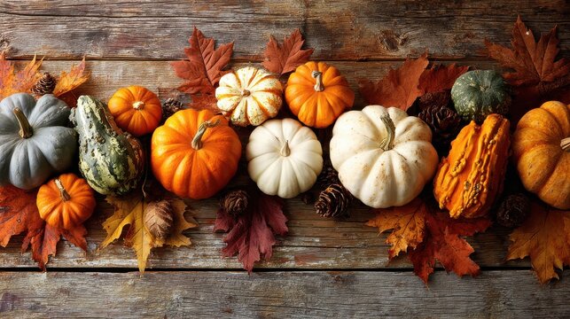 welcome the first day of fall with a festive display of pumpkins and autumn leaves on a rustic wooden background