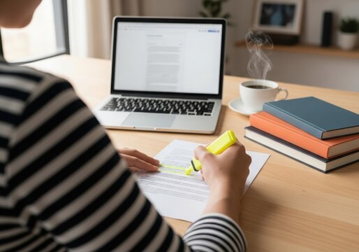 Student studying at a desk with laptop and books