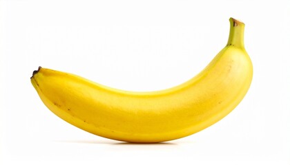 "Single ripe banana with yellow peel and subtle brown spots, placed on a plain white background with intact greenish stem."