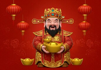 Chinese God of Wealth, Cai Shen, with Gold Ingots and Lanterns, CNY Celebration