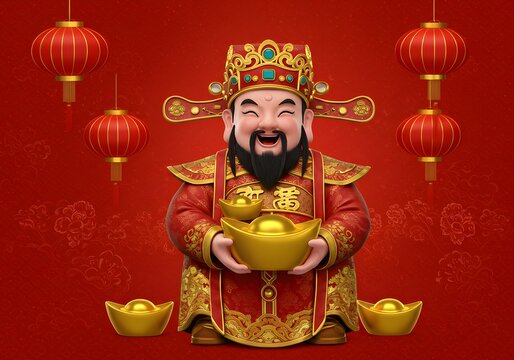 Chinese God of Wealth, Cai Shen, with Gold Ingots and Lanterns, CNY Celebration