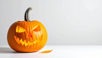 "Carved Halloween pumpkin with triangular eyes and jagged mouth, placed on a white surface against a light gray background."