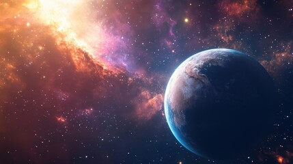 Stunning Space Scene with a Bright Planet and Colorful Nebula in the Background