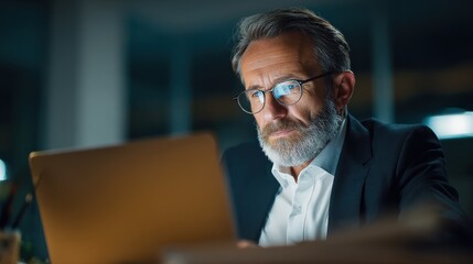 focused busy mature business man lawyer ceo trader using computer typing working in modern office room doing online data market analysis thinking planning tech strategy looking at laptop no logos no 