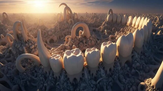 Cinematic surreal landscape of giant jaw and molars at golden hour with organic formations.