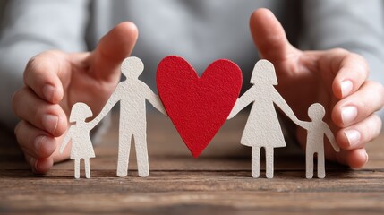 close up hands of father mother and daughters protecting family paper cutout with red heart hands of family with paper cutting and red heart shaped symbol stone unity insurance and love concept no lo