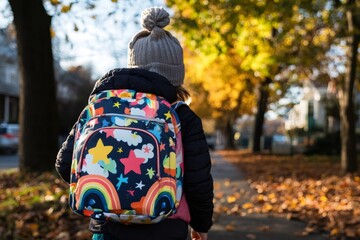 Schoolgirl walking along a sidewalk blanketed with vibrant fallen leaves, carrying a colorful backpack on a crisp autumn day