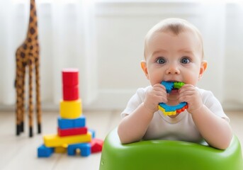Adorable baby playing with colorful teething toy and blocks