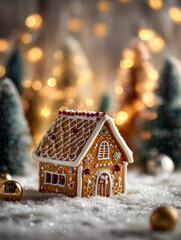 Cozy gingerbread house with intricate icing decoration surrounded by festive snowy miniature trees and warm golden holiday lights in a magical winter setting
