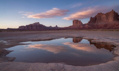 Desert landscape at sunset, reflecting clouds