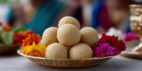 indian sweet treats, ladoos on a brass plate, surrounded by colorful flower petals, with a focused texture and a blurred family praying in the background