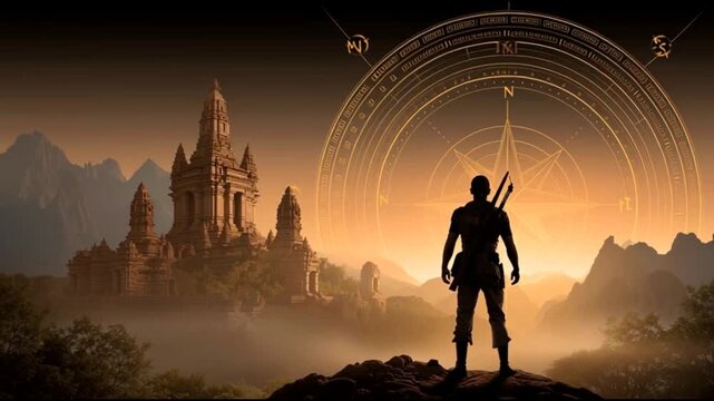 Mystical warrior stands before ancient temple with enigmatic symbols at magical sunset