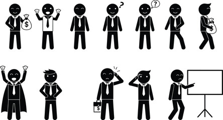 Business stickman icons, office worker vector, money bag illustration, financial success character, profit investment design, businessman presentation, corporate growth concept