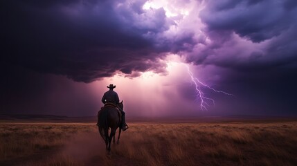Fototapeta premium A lone rider under dark storm clouds with lightning strikes illuminating the sky during a wild and fierce thunderstorm.