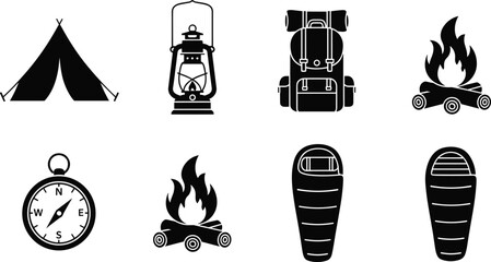 Camping silhouette icons, tent, lantern, backpack, campfire, compass, sleeping bag, outdoor adventure essentials, hiking gear, wilderness, travel, survival tools