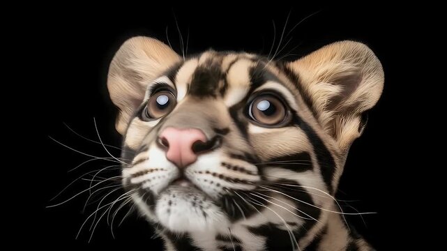 Close Up Portrait of an Adorable Clouded Leopard Cub Against Black Background
