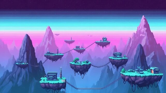 Panoramic pixel art floating islands game background with neon pastel mountains.