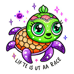 Obraz premium Cute cartoon sea turtle with stars and text animal