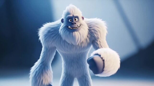 Friendly white furry yeti character holding a snowball in dramatic studio lighting.
