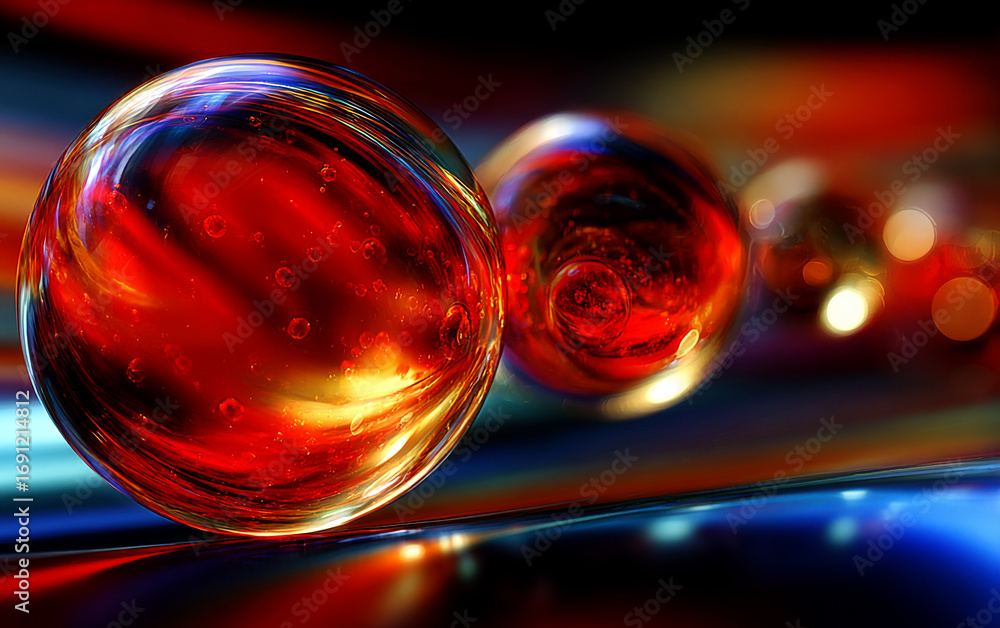 Poster shiny red spherical objects with vibrant reflections and glossy surfaces