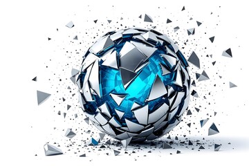 Abstract shattered sphere with glowing blue core, isolated on white background