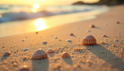 Golden sunset over sandy beach with seashells creating a tranquil, relaxing vacation scene