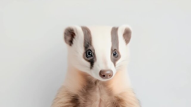Close Up Portrait of a Badger with Stripped Face and Cream Fur on White Background