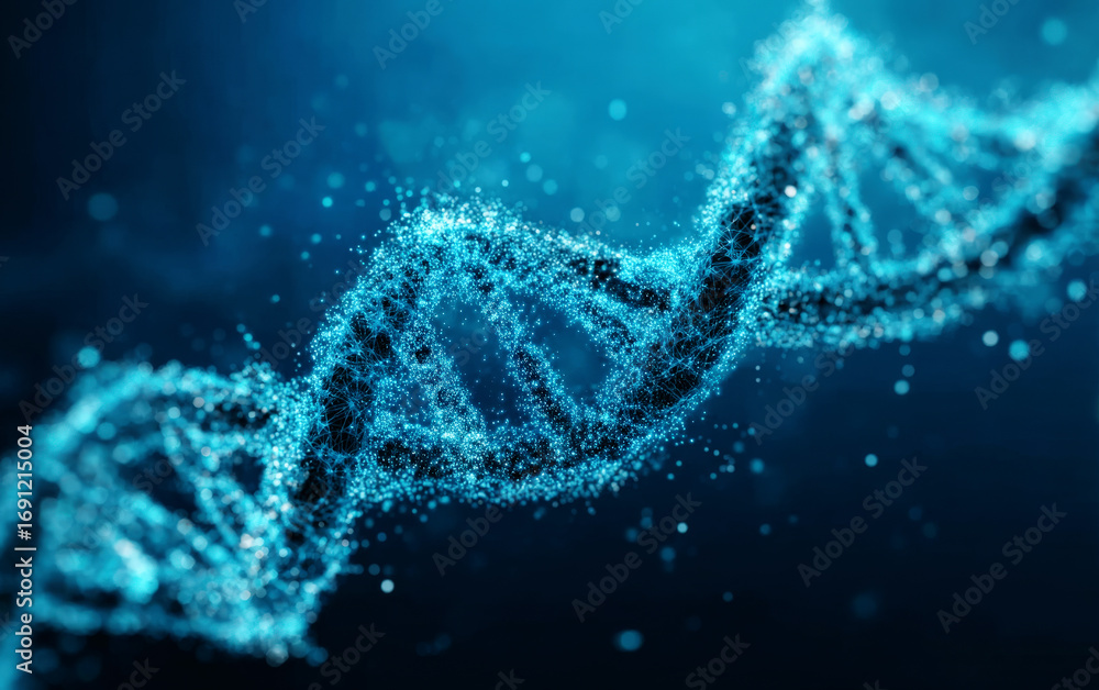 Poster exploring the intricate structure of a dna molecule in a blue-toned background