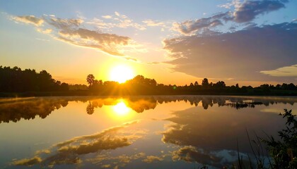 A serene lake reflecting a vibrant sunrise. Golden sunlight bathes the landscape, mirrored in calm waters below a sky filled with clouds. Trees line the distant shore, enhancing the tranquil ambiance