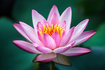 Close up of a beautiful pink lotus flower with yellow center, growing in a pond with green leaves