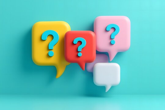 Colorful speech bubbles with question marks on a teal background - Powered by Adobe