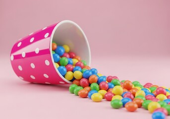 Pink polka dot cup spilling colorful jelly beans on pink background