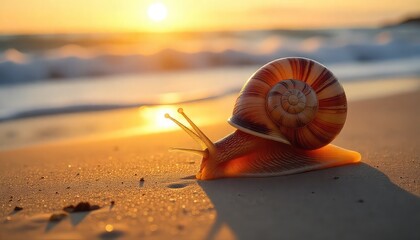 Snail on sun-kissed beach at sunset with golden light, perfect for travel and relaxation