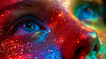 Naklejka premium Close-up of a person's eye surrounded by vibrant, glittering face paint in multicolored hues