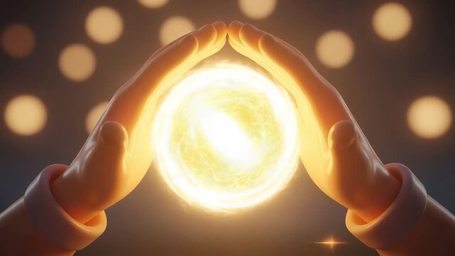 Hands cradling a glowing golden orb with soft bokeh lights for energy concept.