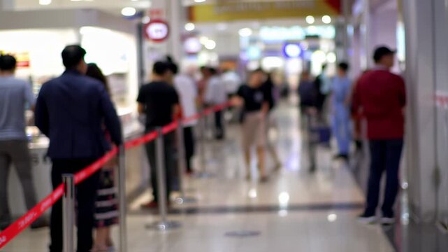 Blurred Food Court Line, Crowded Mall Interior