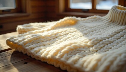 Cozy, warm, hand-knitted ivory sweater resting on wooden surface, inviting comfort