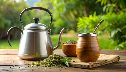 A rustic scene featuring a stainless steel kettle beside a wooden mate cup and bowl filled with green herbs, all atop a wooden table with a natural green backdrop