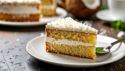A slice of creamy coconut cake on a plate