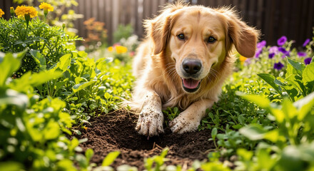 Golden retriever dog lying in garden with muddy paws after digging in soil among green plants and colorful flowers. Pet behavior and outdoor playtime activities