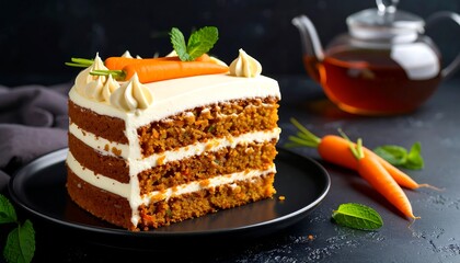 A slice of layered carrot cake with cream cheese frosting, carrot garnish, and mint leaves is displayed on a black plate, with a glass teapot in the blurred background