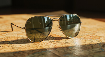 Aviator sunglasses with gold frame and dark lenses lying on vintage world map surface. Travel accessories and adventure planning for vacation destinations exploration