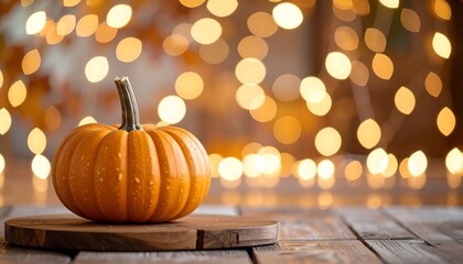 A small, vibrant orange pumpkin sits atop a rustic wooden board, with a blurred bokeh background of warm golden lights, evokes a cozy autumnal atmosphere