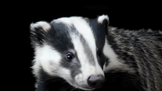 Close Up Badger Portrait with Black and White Stripes on Black Background