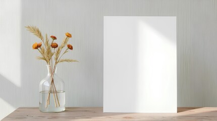 A blank paper leans against the wall and a glass bottle containing yellow-orange flowers shines through it.