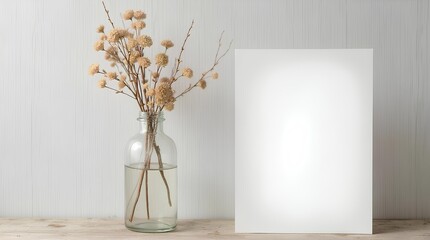 A blank paper leaning against the wall and a glass bottle filled with pink flowers.