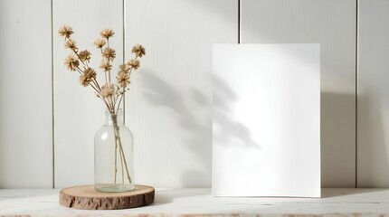 A blank paper leans against the wall and a glass bottle filled with guava flowers sits on a wooden table with sloping light.