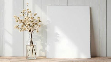 A blank paper leaning against the wall and a glass bottle filled with flowers against the sloping light.